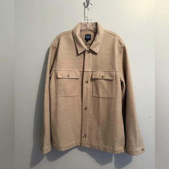 Gap Women’s Wool Blend Cream Tan Shacket Large Button Down Soft Chore Coat EUC - Picture 7 of 15